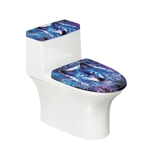 chaqlin WC-Sitzbezug-Set mit Tierwolf, für Badezimmer, dehnbarer WC-Deckelbezug und WC-Tankdeckel-Bezug-Set, violetter Wolf-Druck, Staubschutz für WC-Sitz, langlebige WC-Schutzbeutel, 2 Stück von chaqlin