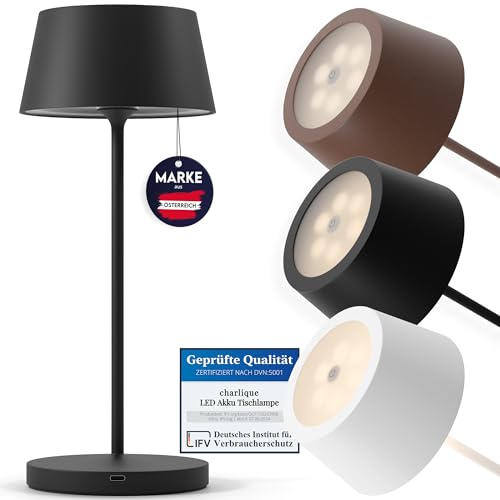 charlique LED Akku Tischlampe (Schwarz) - Dinner Light 34 cm - kabellose Tischleuchte mit USB, für innen und außen, warmes Licht - wetterfest für Balkon, Terrasse & Garten von charlique