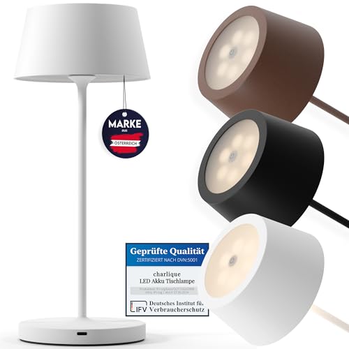 charlique® LED Tischlampe kabellos (weiß) - Dinner Light 34 cm - Akku Tischleuchte mit USB, für innen und außen, warmes Licht - wetterfest für Balkon, Terrasse & Garten von charlique