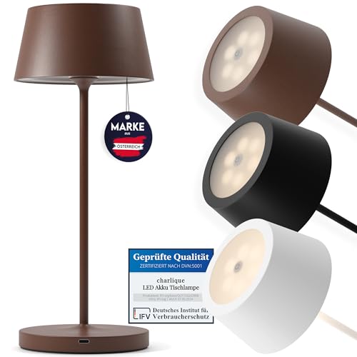 charlique LED Akku Tischlampe (Braun) - Dimmbares Dinner Light - Tischleuchte mit USB, Innen/Außen, Warmweiß - mit Spritzwasserschutz für Balkon, Terrasse & Garten - 34 cm hoch von charlique