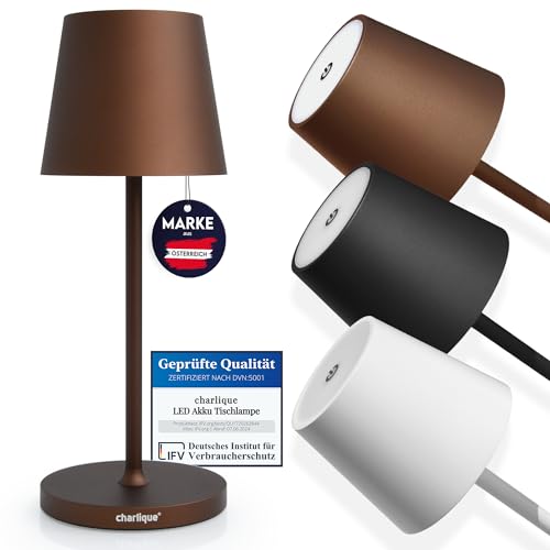 charlique LED Akku Tischlampe (Braun) - Dimmbares Dinner Light - Tischleuchte mit USB, Innen/Außen, Warmweiß - mit Spritzwasserschutz für Balkon, Terrasse & Garten - 28 cm hoch von charlique