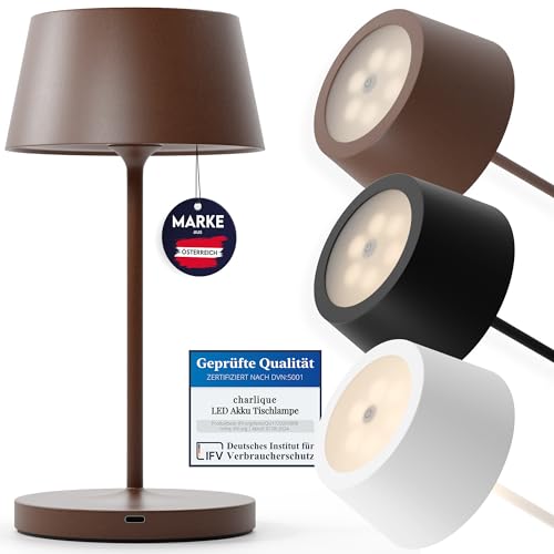 charlique® LED Tischlampe kabellos (braun) - Dinner Light 24 cm - Akku Tischleuchte mit USB, für innen und außen, warmes Licht - wetterfest für Balkon, Terrasse & Garten von charlique