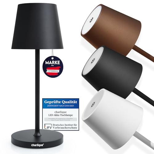 charlique® LED Tischlampe kabellos mini (schwarz) - Dinner Light 28 cm - Akku Tischleuchte mit USB, für innen und außen, warmes Licht - wetterfest für Balkon, Terrasse & Garten von charlique