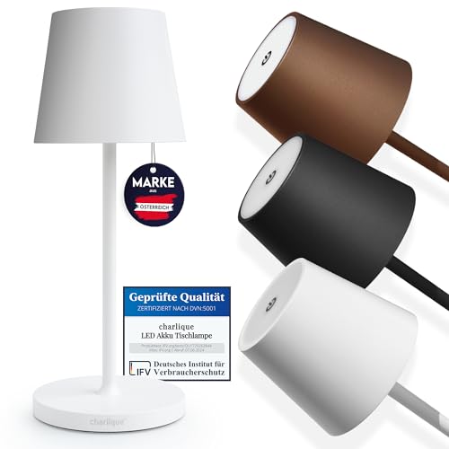 charlique LED Akku Tischlampe (Weiß) - Dimmbares Dinner Light - Tischleuchte mit USB, Innen/Außen, Warmweiß - mit Spritzwasserschutz für Balkon, Terrasse & Garten - 28 cm hoch von charlique