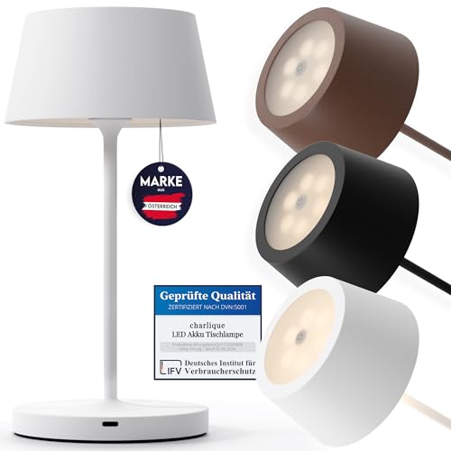 charlique® LED Tischlampe kabellos (weiß) - Dinner Light 24 cm - Akku Tischleuchte mit USB, für innen und außen, warmes Licht - wetterfest für Balkon, Terrasse & Garten von charlique