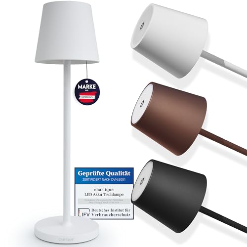 charlique LED Akku Tischlampe (Weiß) - Dimmbares Dinner Light - Tischleuchte mit USB, Innen/Außen, Warmweiß - mit Spritzwasserschutz für Balkon, Terrasse & Garten - 38 cm hoch von charlique