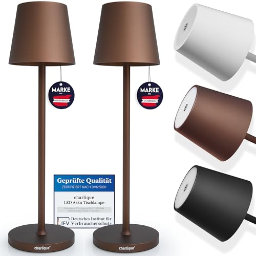 charlique LED Akku Tischlampen (2 Stück, Braun) - Dinner Light - dimmbare Tischleuchte mit USB, aufladbar, warmes Licht, indoor & outdoor - 38 cm hoch von charlique