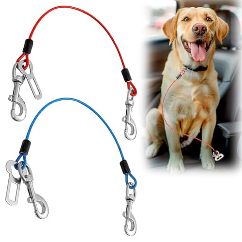 ChAusa 2 Stück Anschnallgurt Hund Auto 80cm Hunde Sicherheitsgurt Hundegurt Auto Hunde Anschnallgurt Auto Bissfeste Hundeleine aus Stahldraht PVC für alle Hunderassen Katzen& Autotypen(Blau+Rot) von ChAusa