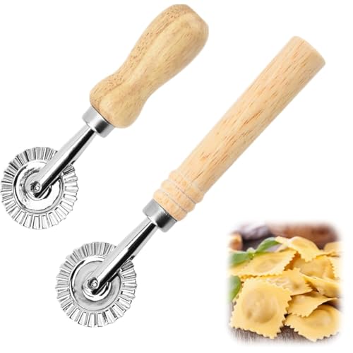 ChAusa 2 Stück Gezähnter Teigrad mit Einzelner Klinge,Teigschneider Roller Ravioli Ausstecher Ravioli Crimper Cutter Rad Pasta Cutter Wheel Mit Holzgriff Geeignet(12.8×4 cm + 16×4 cm) von ChAusa