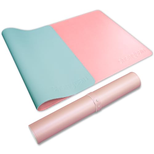 Doppelseitiges Leder-PU-Mauspad, Computer-Schreibtischunterlage, rutschfest, wasserdicht, leicht zu reinigen, geeignet für Büro und Heimbüro (Hellrosa und Seeblau, 80 x 40 cm) von chengcan