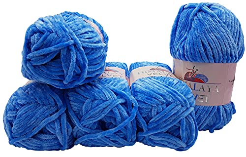 5 x 100 Gramm Himalaya Velvet Micro-Polyester Strickwolle , Babywolle samtig 500 Gramm Wolle (blau 90027) von chenille