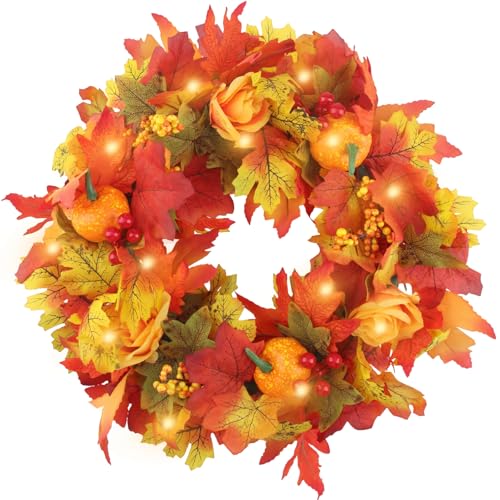 CHENYU Türkranz Herbst 45 cm Herbstkranz Haustür mit Künstliche Ahornblätter Herbstkürbisse Beeren Gelbe Rose Wiederverwendbar für Haustür Kamin und Wandkranz Herbst Dekoration von chenyu