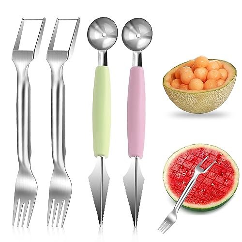 CHENYU Watermelon Cutter 4 Stück obst Schneider 2-in-1 obst Werkzeug set Stainless Steel Melon Cutter Melonenausstecher Kugeln Wassermelonengabelschneider for Kitchen Fruit Parties Camping von chenyu