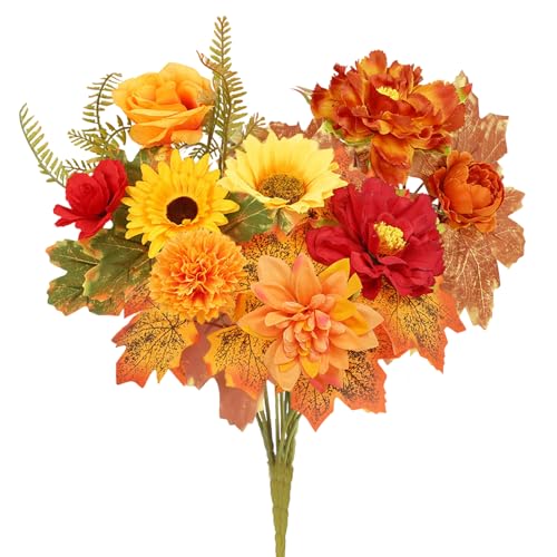 chenyu 3 Stücke Künstliche Herbstblumen 35 cm Herbstliche Dekoration für Innenräume Herbststrauß Kunstblume Sonnenblumen Rosenhornblatt für Geburtstage Halloween Hochzeiten Tischdekorationen von chenyu