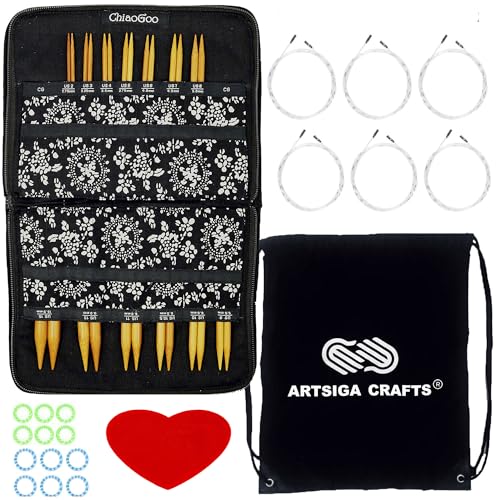 ChiaoGoo 2400-C Stricknadeln, austauschbar, Bambus, komplettes 10,2 cm Nadel-Set, Bündel mit 1 Artsiga Craft-Projekttasche von chiaogoo