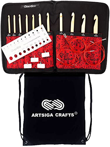 ChiaoGoo T-Spin Tunesisches austauschbares Häkelnadel-Set, Bambus, 14,5 cm, US-Größen E, F, G, 7, H, I, J, K, L, M und N, gebündelt mit Artsiga Crafts Project Bag von chiaogoo