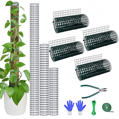 Chicarry, Moosstab-Kit zur Selbstgestaltung, 4 m Metall-Moosstab für Monstera-Pflanzen, 4 Stück 21 cm × 1 m Stahldrahtgeflecht für Moosstäbe, mit Zange, Kabelbindern, Sphagnum-Moosstab (4 m von chicarry