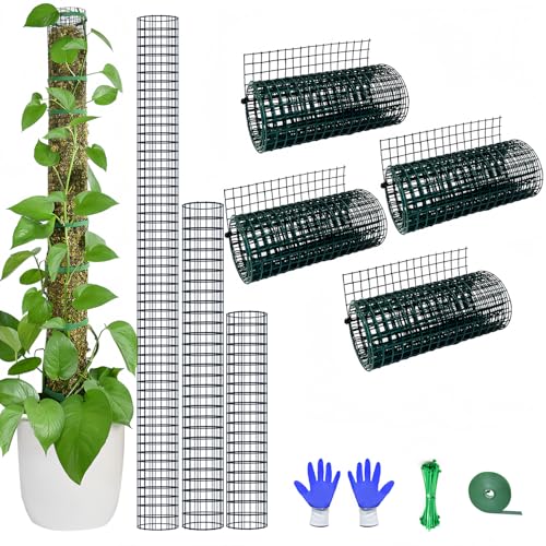 Moosstab DIY-Kit, 4 m Metall-Moosstab für Monstera-Pflanzen, 4 Stück 21 cm × 1 m Stahldrahtgeflecht mit Kabelbindern, maximal 7 Stück 58 cm Sphagnum-Moosstäbe (4 m Drahtgeflecht, ohne Zange) von chicarry