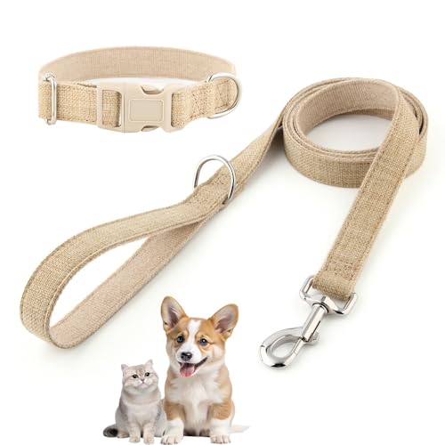 Pet Hundehalsband und Leine, Baumwollhanf, verstellbares Halsband für kleine, mittelgroße und große Hunde, strapazierfähig und weich auf der Haut (Beige, XS) von chichendianzi