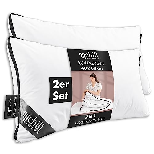 chill SLEEPLONGER 2er Set Kopfkissen 40x80 cm - 2 in 1 Design - Kissen im Kissen 40x80 - Atmungsaktiv & Waschbar & 100% Vegan - 2 Kissen 3 Möglichkeiten - Pillow mit 300g & 600g Kissenfüllung von chill SLEEPLONGER