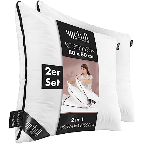 chill SLEEPLONGER 2er Set Kopfkissen 80x80 cm - 2 in 1 Design - Kissen im Kissen 80x80 - Atmungsaktiv & Waschbar & 100% Vegan - 2 Kissen 3 Möglichkeiten - Pillow mit 600g & 1200g Füllung von chill SLEEPLONGER