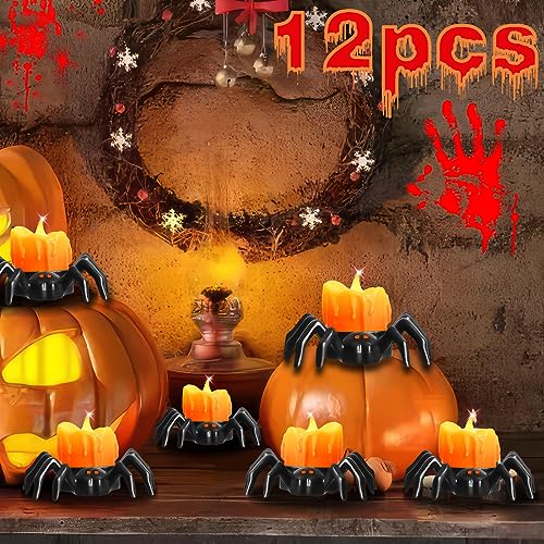 Halloween Deko Spinne Teelichter,12 Pcs Led Flammenlose Kerzen mit Batterie,Halloween Spinne Lampe Batteriebetrieben Led Teelichter Spinne Nachtlicht für Halloween Outdoor Indoor Party(Warmes Licht) von chimoo