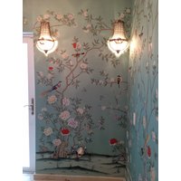 36 "96" Chinoiserie Handgemalte Tapete Auf Duckegg Blauer Seide von chinoiseriedecor