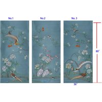 Blaue Chinoiserie- Tapete- 120cm - Kranich- Pfirsichblüten-Garten Auf Grau-Blau von chinoiseriedecor