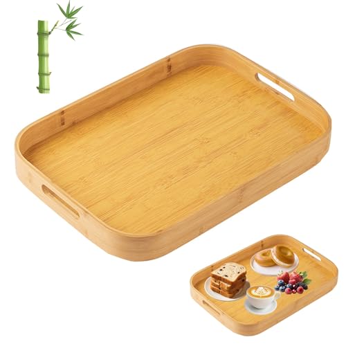 Tablett Serviertablett, 45x33x5 cm Serviertablett groß, Bambus Tablett, TablettMit Griffen, Tee und Snacks, für sicheres Tragen von chiquieray