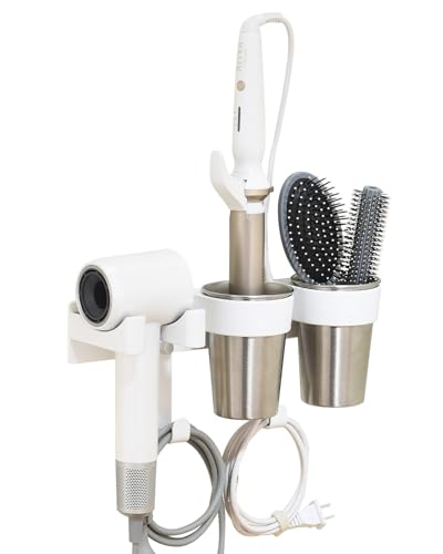 chochoyah Fönhalter Ohne Bohren, Fönhalter Aluminium Glätteisen Halterung Weiß mit 2 Edelstahl-Bechern, Fön Halter für Haartrockner und Glätteisen Haartrockner Halterung für Badzimmer/Schlafzimmer von chochoyah