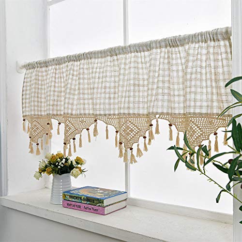 Halbtransparent Scheibengardine Quaste Baumwoll Gardinen Landhausstil Küchenvorhang Beige Kurzvorhang Handgehäkeltes Bistrogardine Schick Cafe Kurz Kleine Fenster Kurzstores, 45×150cm (H×B), 1Stück von choicehot