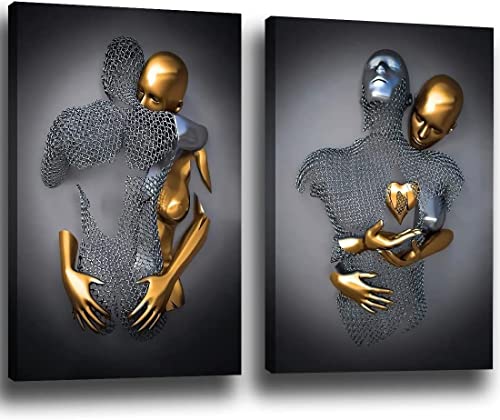 chongjian Liebe Herz 3D Grau Leinwand Wandkunst Moderne Gemälde 3d Abstrakt Umarmung Wanddekoration Schwarz und Weiß Metallfigur Skulptur Effekt Bild Wohnzimmer Dekoration Ohne Rahmen (Gold, 16x24in) von chongjian