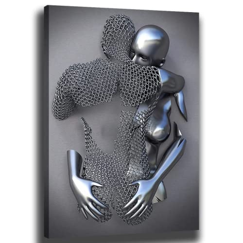 chongjian Liebe Herz 3D Grau Leinwand Wandkunst Moderne Gemälde 3d Abstrakt Umarmung Wanddekoration Schwarz und Weiß Metallfigur Skulptur Effekt Bild Wohnzimmer Dekoration (Mit Rahmen-A, 16x24in) von chongjian