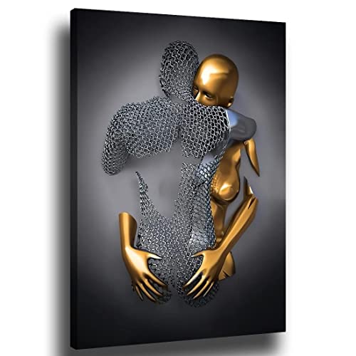 chongjian Liebe Herz 3D Grau Leinwand Wandkunst Moderne Gemälde 3d Abstrakt Umarmung Wanddekoration Schwarz und Weiß Metallfigur Skulptur Effekt Bild Wohnzimmer Dekoration (Mit Rahmen-B, 16x24in) von chongjian