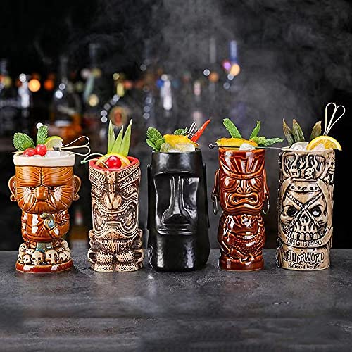 Set mit 5 Tiki-Bechern, Cocktail-Set, Keramik, hawaiianische Cocktailbecher, exotische Cocktailgläser, Tiki-Bar, professionelle Hawaii-Party-Barware von chongjian