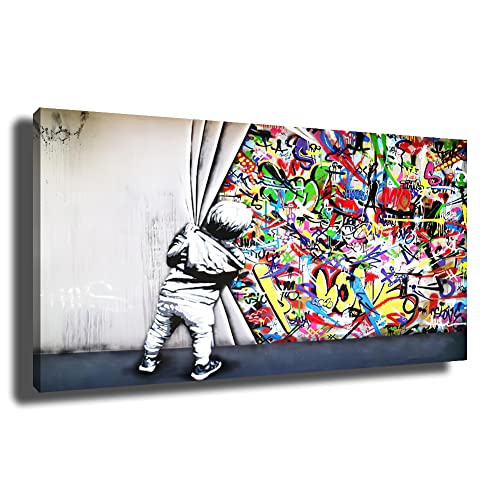 chongjian Banksy Graffiti-Gemälde Wandkunst Bilder Leinwand Behind the Curtain Graffiti Street Art Leinwandgemälde Poster und Drucke Wohnzimmer Wanddekoration (Kein Rahmen-A, 20x40inch) von chongjian