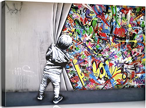 chongjian Banksy Graffiti-Gemälde Wandkunst Bilder Leinwand Behind the Curtain Graffiti Street Art Leinwandgemälde Poster und Drucke Wohnzimmer Wanddekoration (Mit Rahmen-A, 16x24inch) von chongjian