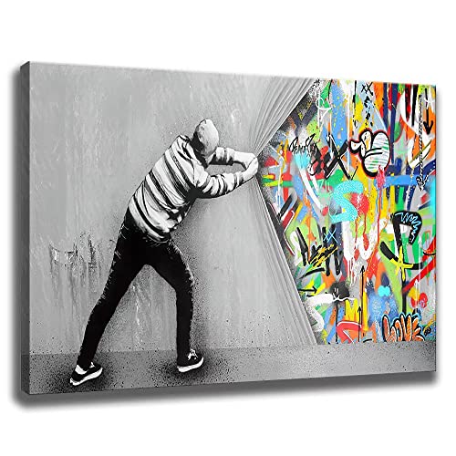 chongjian Banksy Graffiti-Gemälde Wandkunst Bilder Leinwand Behind the Curtain Graffiti Street Art Leinwandgemälde Poster und Drucke Wohnzimmer Wanddekoration (Mit Rahmen-B, 16x24inch) von chongjian