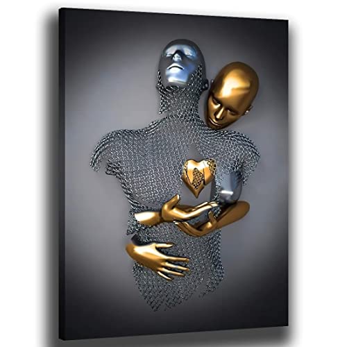 chongjian Liebe Herz 3D Grau Leinwand Wandkunst Moderne Gemälde 3d Abstrakt Umarmung Wanddekoration Schwarz und Weiß Metallfigur Skulptur Effekt Bild Wohnzimmer Dekoration (Gold Mit Rahmen, 16x24in) von chongjian