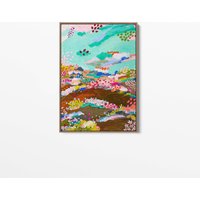 Teal Skies & Floral Fields Portrait Landschaft - Gerahmter Leinwand Kunstdruck von christabelhart