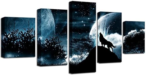 chyongshan-Leinwand Wandkunst Dekoration Druck Poster Foto5 Stück Moderne LeinwandNachtwolf TiereWohnzimmer und Schlafzimmer Heimdekoration Geschenke Malerei Kunst Foto40 x22 von chyongshan
