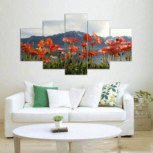chyongshan-Leinwand Wandkunst Dekoration Druck Poster Foto5 Stück Moderne LeinwandRote WildblumenWohnzimmer und Schlafzimmer Heimdekoration Geschenke Malerei Kunst Foto40 x22 von chyongshan