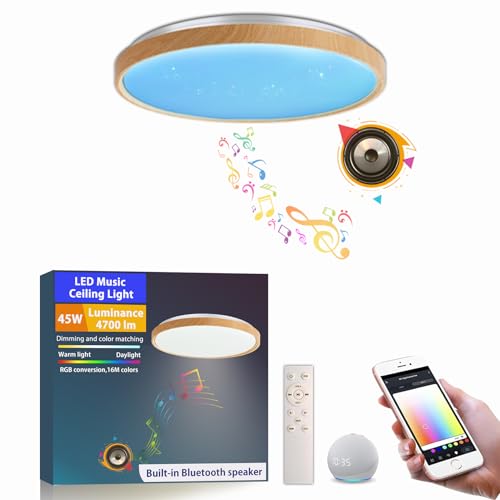 chysongoods 40CM MW LED-Musikdeckenleuchte, Lampenschirm in Holzmaserungsoptik, kompatibel mit Alexa, integrierter Bluetooth-Lautsprecher, RGB-Lichteffekt, dimmbar, mit Fernbedienung von chysongoods