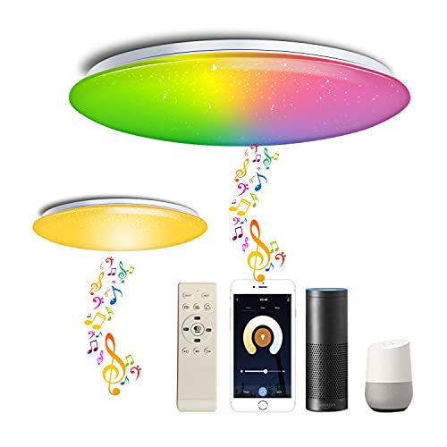 chysongoods Φ40cm 45W Sternenhimmel Musik Deckenlampe Kompatibel Mit Google Home Kompatibel Mit Bluetooth Lautsprecher Deckenleuchte LED RGB Farbwechsel Dimmbar für Küche Schlafzimmer Badezimmer von chysongoods