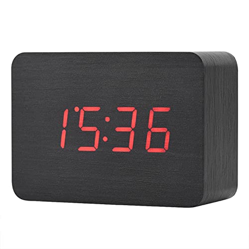 Hölzerner Wecker, Elektronischer digitaler digitaler Wecker Temperatur LED-Anzeige Töne Steuern 12-Stunden- oder 24-Stunden-Modus für Schlafzimmer(Schwarzes Holz + rotes Licht) von ciciglow