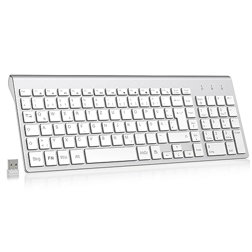 cimetech Tastatur Kabellos Ergonomische Kabellose Tastatur Flache Tasten 2,4 GHz Wireless Keyboard Funktastatur QWERTZ Layout 10m Reichweite Kompatibel mit PC, Desktop, Notebook, Laptop (Slim_Silber) von cimetech