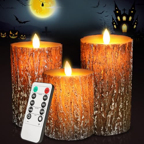 cimetech Flammenlose 3 LED Kerzen Pine Bark Cover mit Timerfunktion Echtwachs Flackernde Elektrische LED-Kerzensets mit Fernbedienung von cimetech