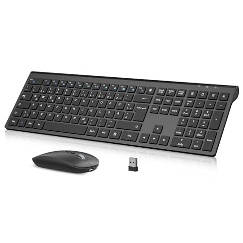 cimetech Tastatur Maus Set Kabellos, 2.4G Wiederaufladbare Kabellose Tastatur Ergonomisch Funktastatur QWERTZ Layout (Deutsch), Ultra Thin für Computer/Desktop/PC/Laptop/Windows (Schwarz) von cimetech