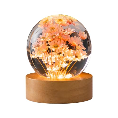 3D Blume Kristallkugel Nachtlicht, 6cm Glaskugel Nachtlampe mit Holzsockel, Kristallkugel Lampe mit Gänseblümchen Ewige Blume für Zuhause Tischdekorationen Geburtstag Weihnachtsgeschenke (Rote von cimsfcor