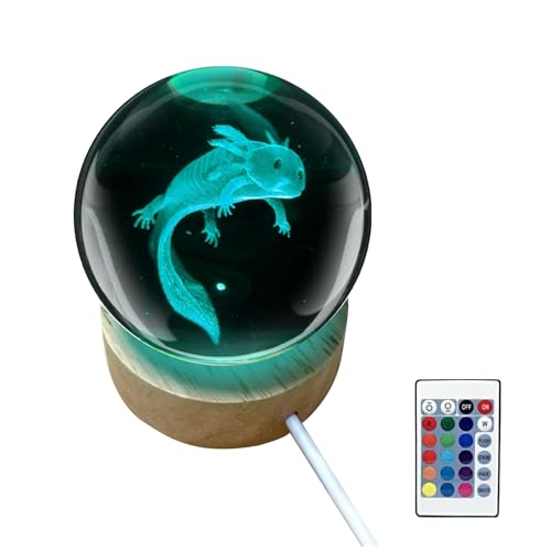cimsfcor Axolotl Kristallkugel-Nachtlicht, 3D-Axolotl-Glaskugel-Nachtlampe mit Holzsockel, 6/8 cm, Axolotl-Kristallkugel-Lampe, 16 Farben, mit Fernbedienung, für Schlafzimmer, Wohnzimmer, Tischplatte von cimsfcor